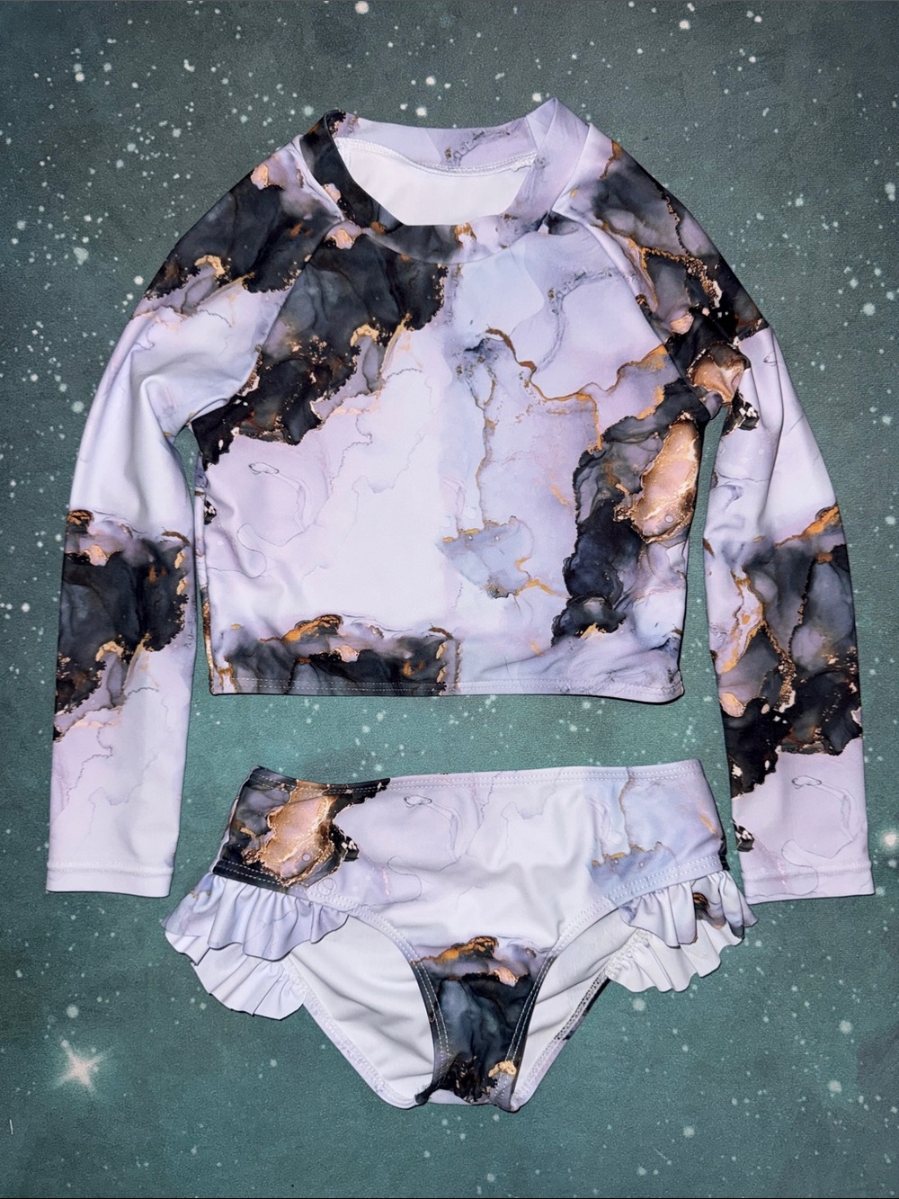 Marble-Print Long Sleeve Kids Rashguard Set in Lavender and Black